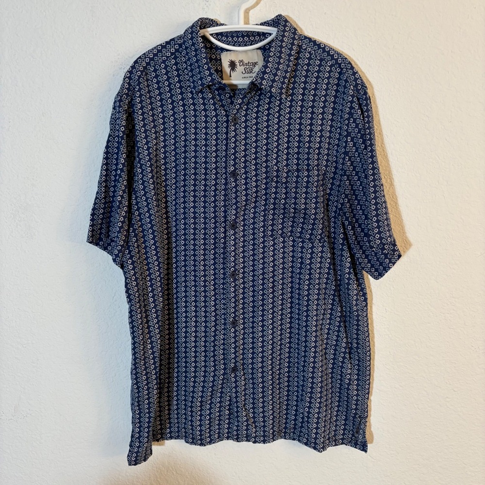 Vintage Silk Button Up Shirt Mens XXL Navy Geometric Short Sleeve